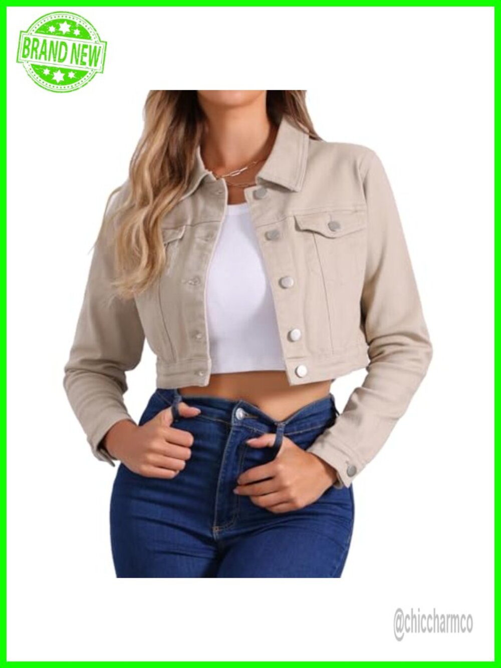 Women's Cropped Denim Jacket Long Sleeve Button Down Relaxed Fit